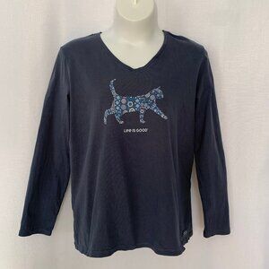 LIFE IS GOOD Womens Mosaic Cat V Neck Long Sleeve Crusher Tee